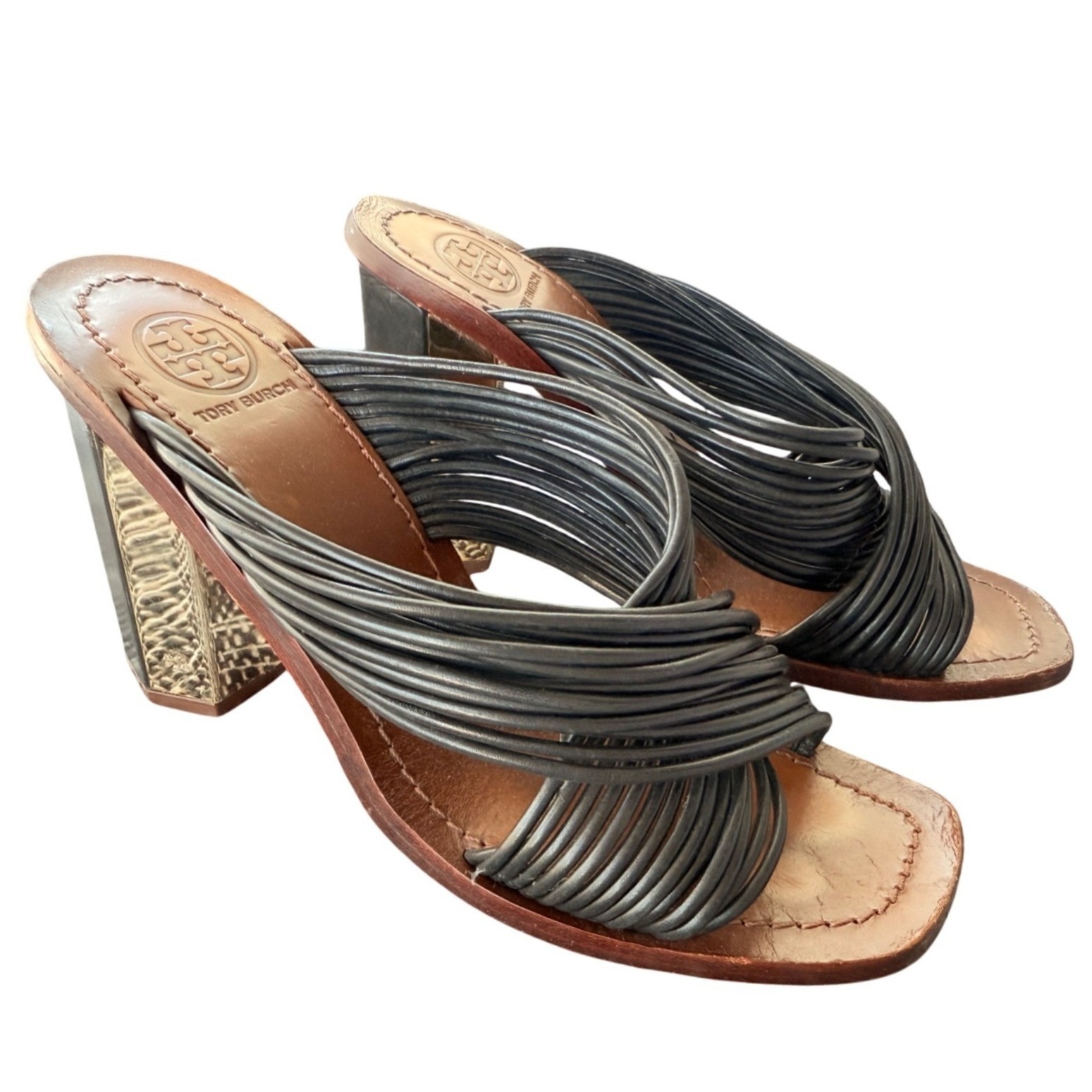 Tory Burch Black Leather Strappy Block Heel Mules Sandals Womens 7.5 M